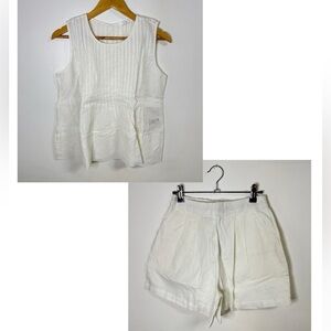 Women’s White Pintuck Linen Sleeveless Top and Tailored Shorts Set